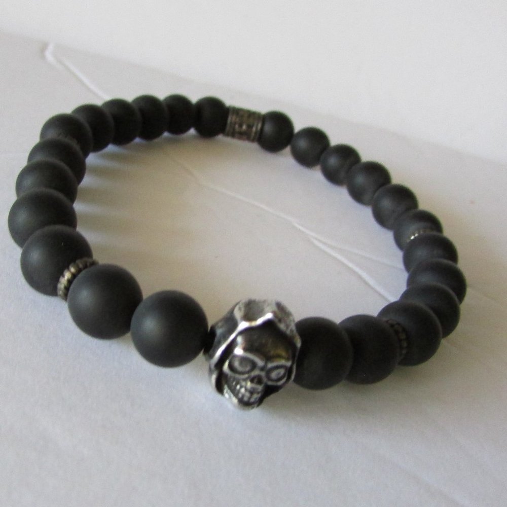 Hematite Beads and Skull Stretch Bracelet Unisex